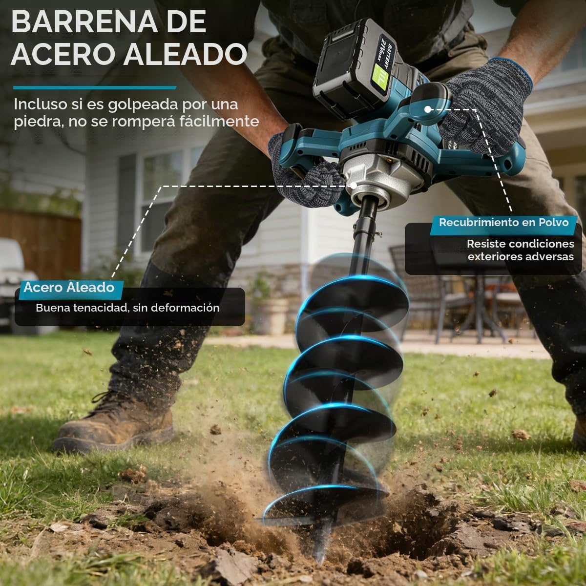 Excavadora de agujeros para postes, taladro de tierra inalámbrico, taladro eléctrico de tierra, incluye broca de 1 giro con dos baterías y un cargador, con función de avance/retroceso, para excavación