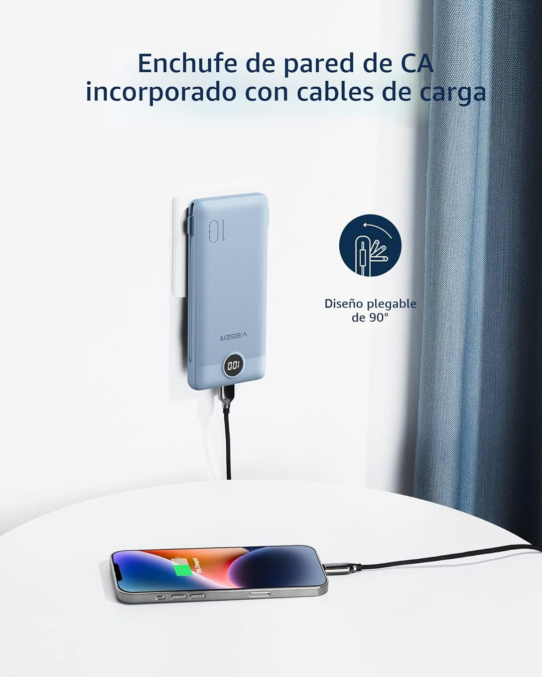 VEGER Cargador portátil para iPhone con cables integrados y enchufe...