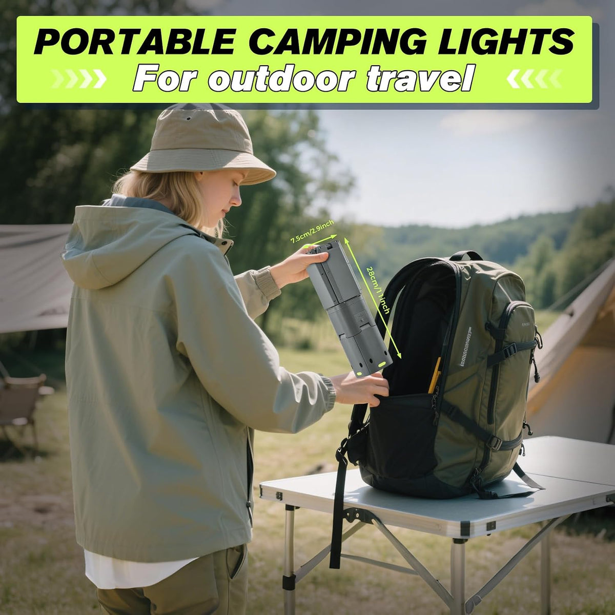 Lámpara SakerPlus Luz portátil para campamento, linterna telescópica de campamento de 14000 mAh con fuente de alimentación recargable, lámparas magnéticas regulables para tienda de campaña de 6000 lúmenes