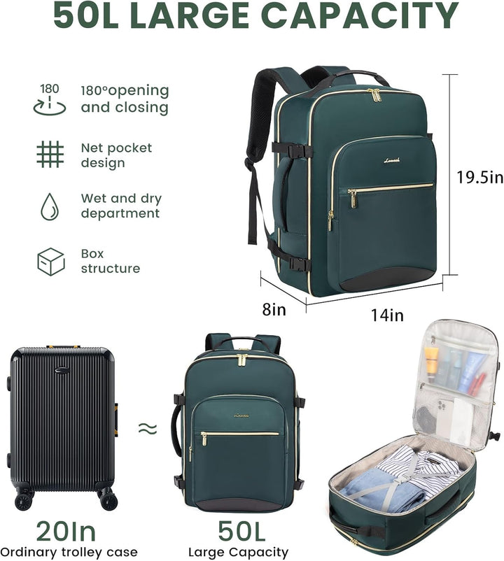 LOVEVOOK Mochila de viaje para llevar en cabina, Verde-negro