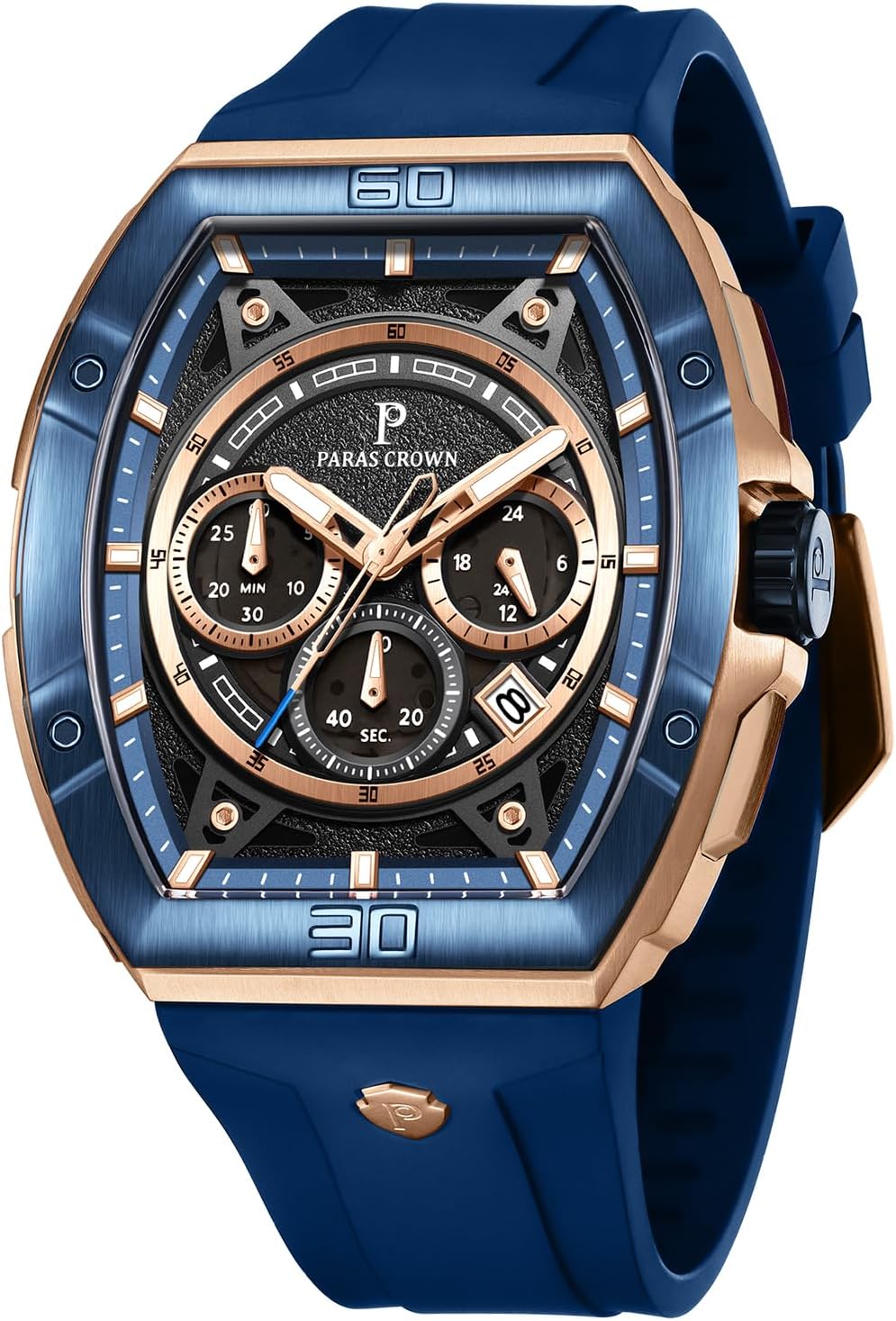 Paras Crown Relojes para Hombre Tonneau 5ATM Resistente al Agua Cuarzo Cronógrafo Analógico Reloj de Pulsera de Lujo para Hombre Caja de Acero Inoxidable Relojes de Hombre