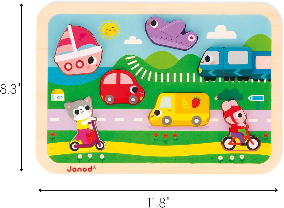 Janod - Vehículos Chunky Puzzle 7 Piezas - Desarrollo de habilidades motoras - Mejora las habilidades motoras - Promueve la imaginación, materiales de calidad segura - Excelencia en diseño francés