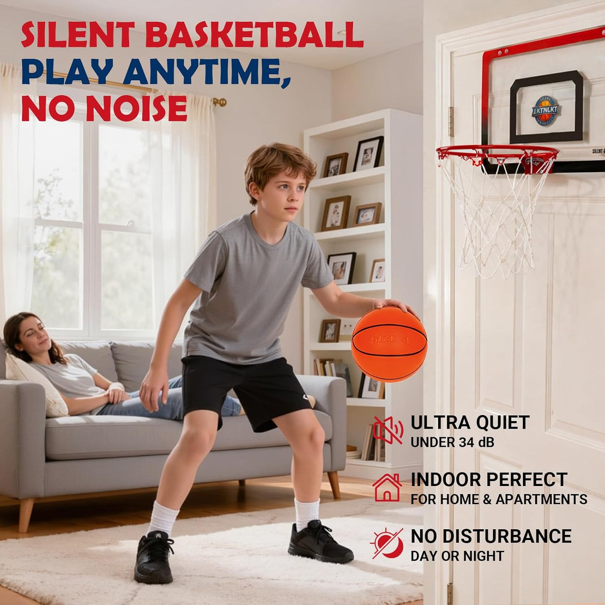 Aro de baloncesto interior sobre la puerta con balón silencioso