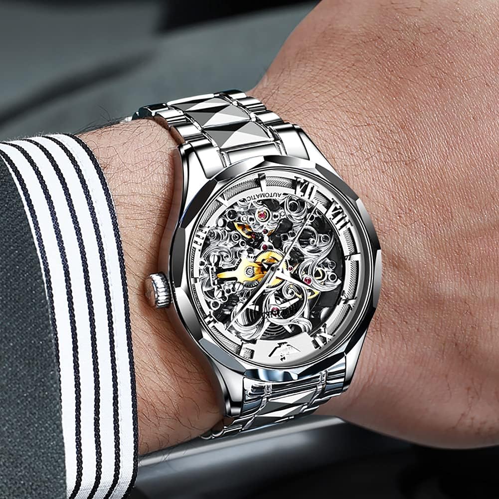 Relojes automáticos de esqueleto para hombre, reloj de pulsera de lujo mecánico de cuerda automática de cristal de zafiro, reloj de acero de tungsteno, 164 ft, impermeable, luminoso, sin batería, AA- Silver White
