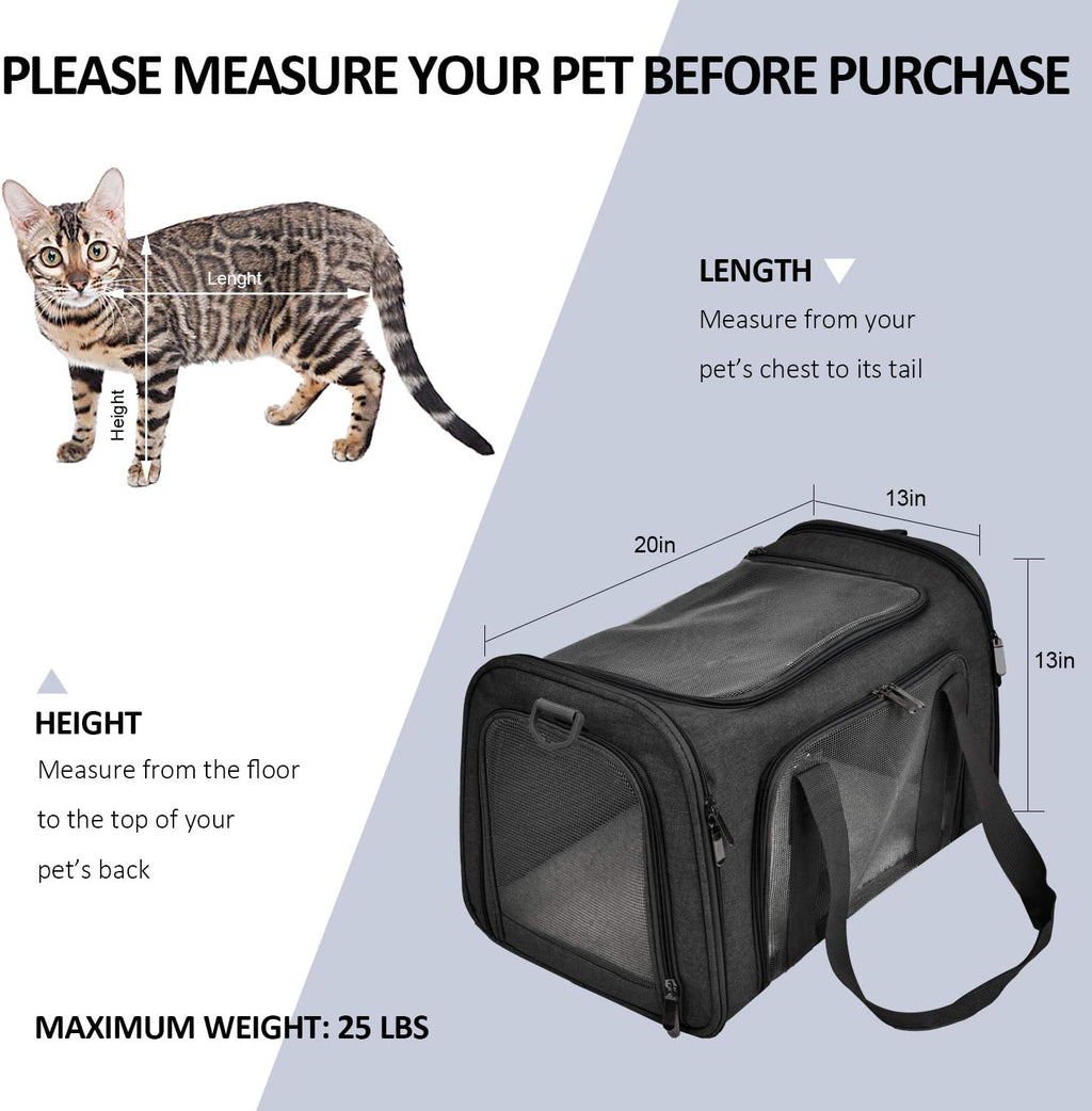 Henkelion Transportador grande para gatos y mascotas de lados suaves para gatos y cachorros de hasta 25 libras - Transportador de viaje plegable e impermeable - Negro
