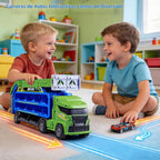 Camión de carreras de juguete para niños de 3 a 5 años - Camión transportador de automóvil 4 en 1 con 2 pistas de carreras plegables, juego de vehículos de transporte con 6 autos fundidos a presión