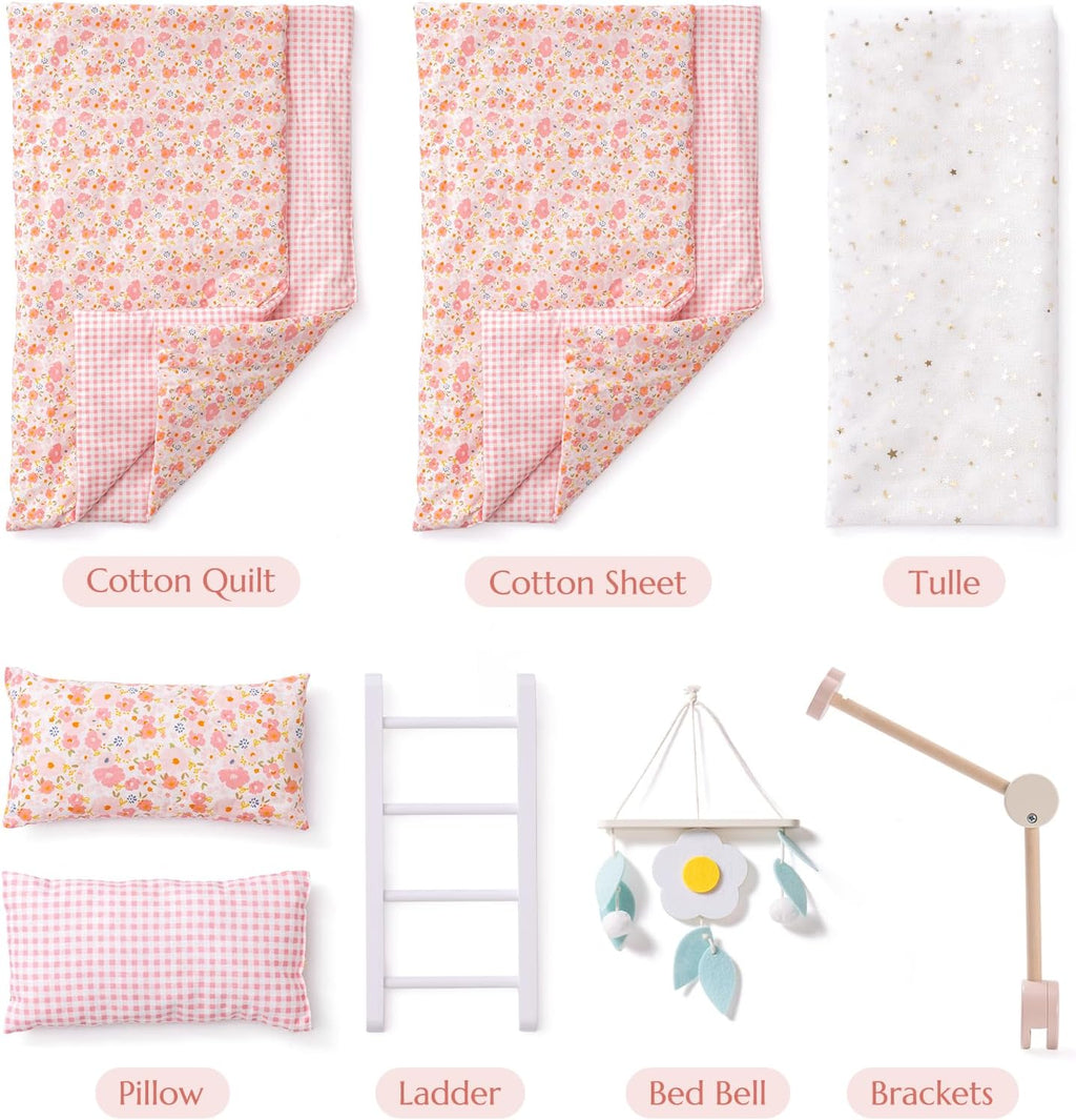 ROBUD Cuna para muñeca bebé, camas de madera para muñecas bebé de 20 pulgadas, literas para muñecas bebé con tul, cama para muñeca American Girl para regalos, rosa