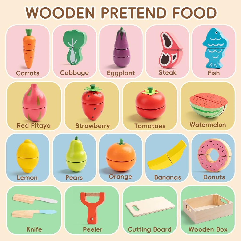 34Pcs Wooden Play Food para Toddlers - Toy Food con Velcro Fruit & Veggies