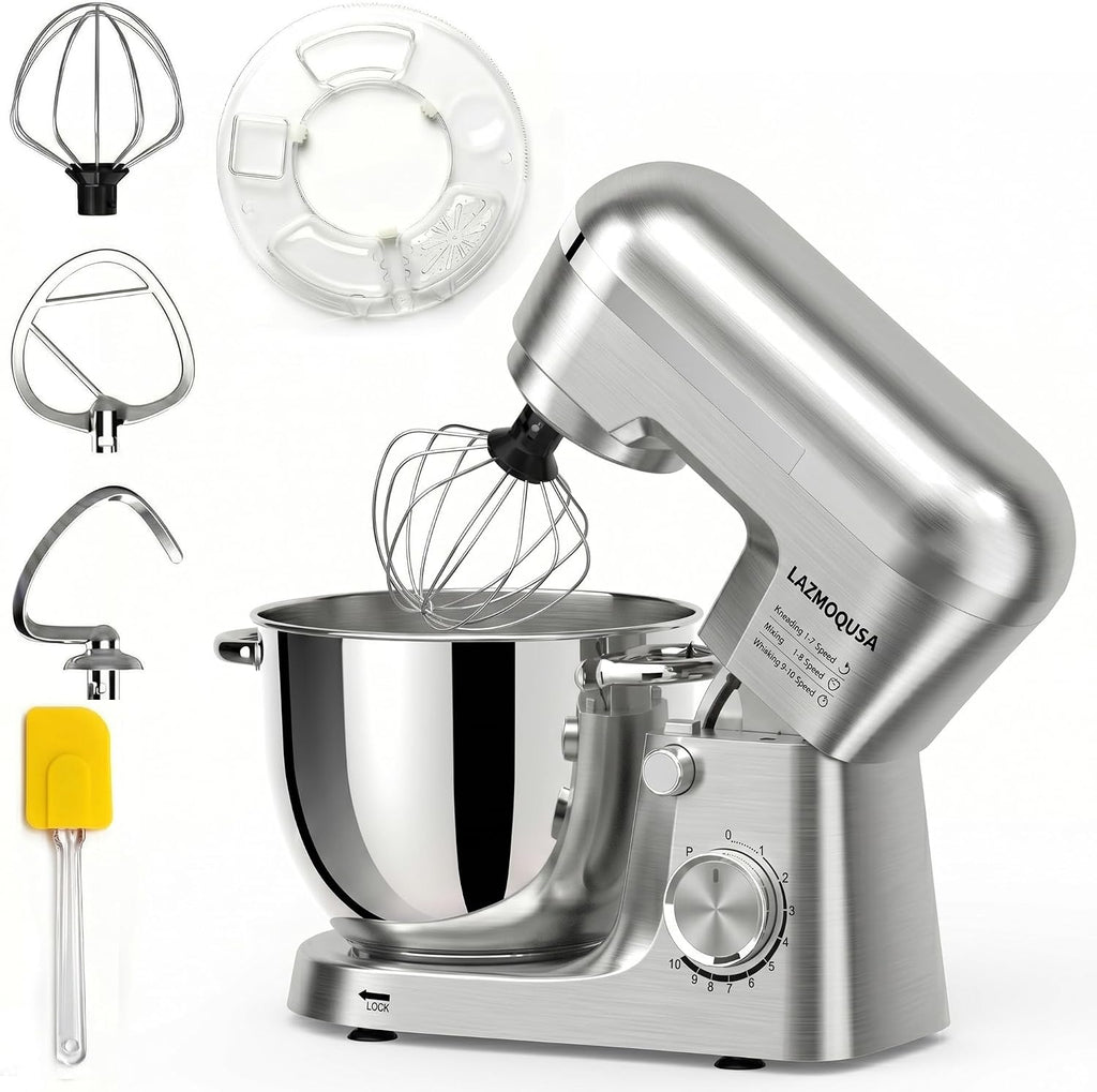 Batidora de pie 6 en 1 con cuenco de 6.5 cuartos de galón, 660 W 10+p velocidades de cocina, mezclador de alimentos de cabeza inclinable para pan y pasteles, para el hogar diario (plateado)