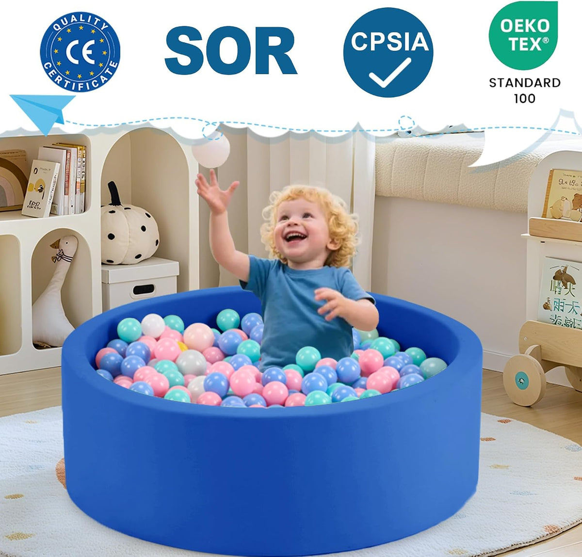 Piscina de bolas de espuma de 35.4 x 11.8 pulgadas para niños pequeños, pelotas redondas para bebés de 1 a 3 años, pelotas de juego para niños y niñas, pelotas no incluidas, azul