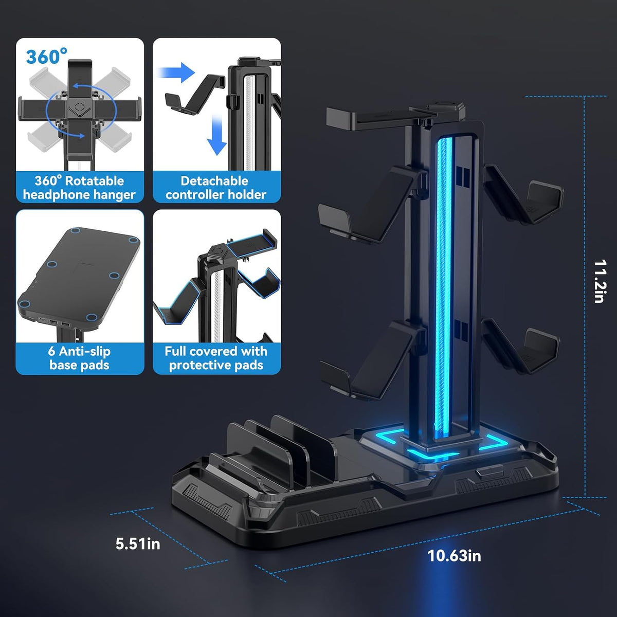 KDD Headset Stand con carga Station - Detachable Controller Holder con 9 Light Modes - Rotatable Headphone Hanger con USB &C Charger puertos - Earphone Hook para PC Gaming Accessories Storage