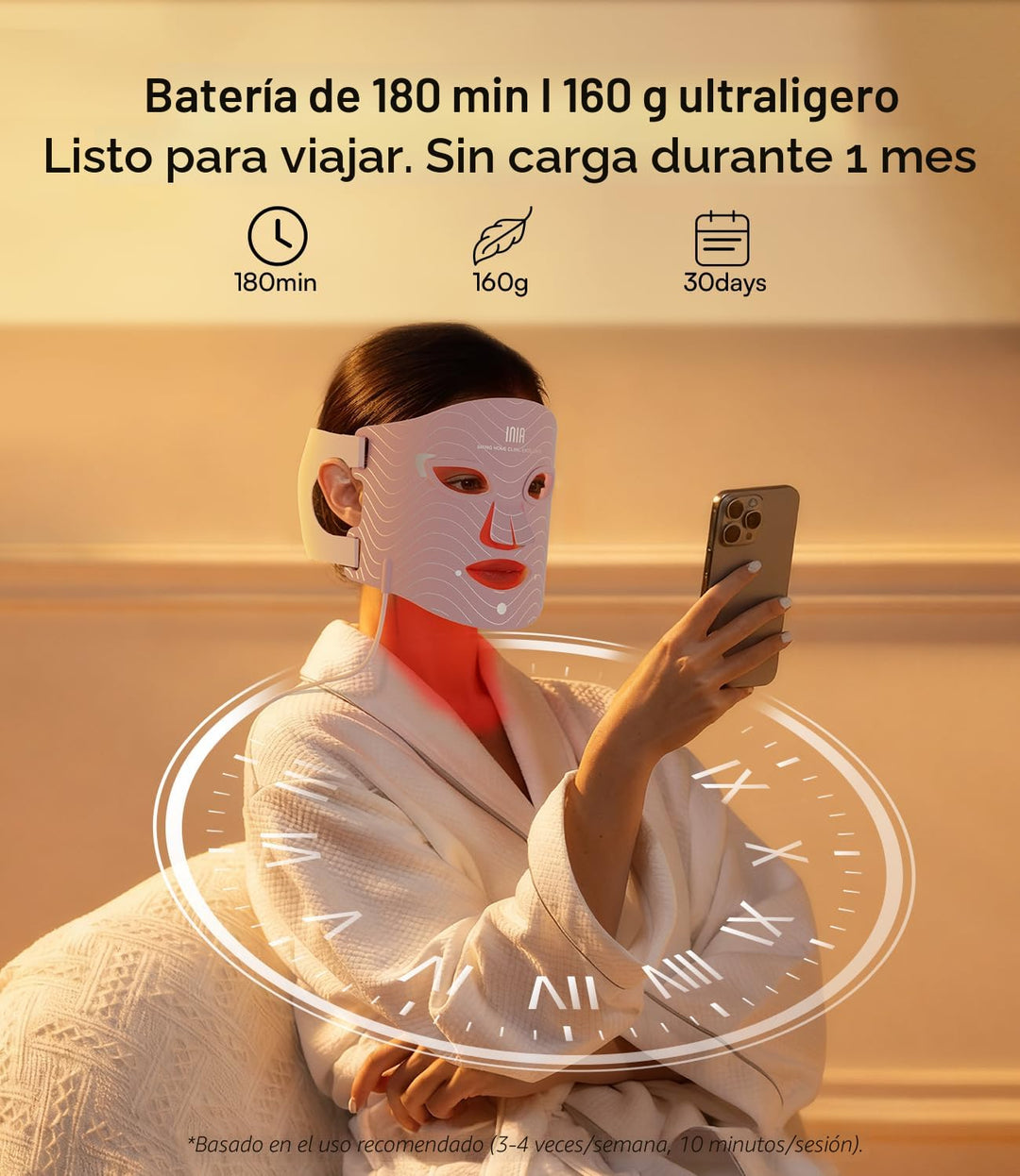 INIA Máscara de terapia de luz roja para cara, 4 modos de luz con N...