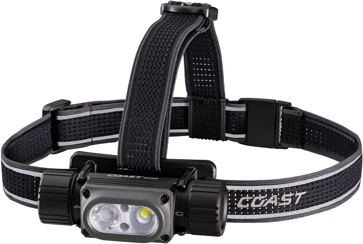 Coast WPH34R 2000 lúmenes Faro de cabeza impermeable ultra brillante IP68 USB recargable de doble potencia, 6 modos con haz de luz focalizada y de inundación, Negro/Gris