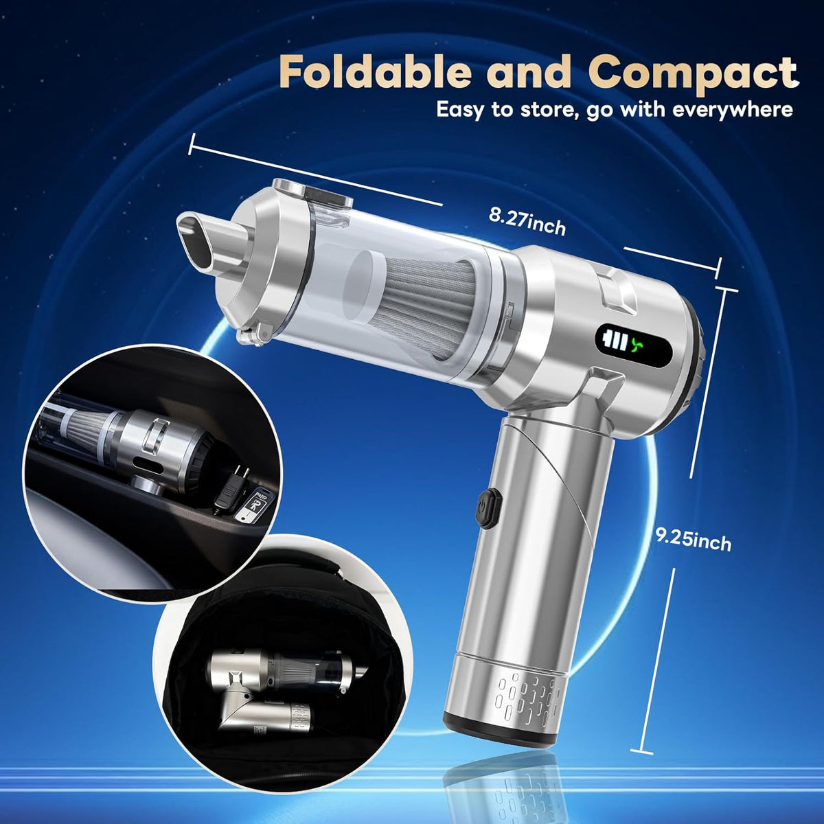 Aspiradora de automóvil, mini aspiradora portátil inalámbrica, 25000 PA, potente succión ciclónica fuerte, recargable por USB, aspiradora de mano plegable con eliminación de polvo de un solo