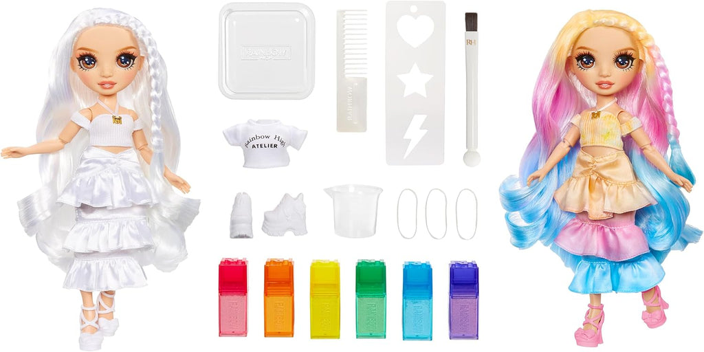 Rainbow High Muñeca de moda DIY para crear y colorear con acuarelas lavables + kit de teñido anudado, ojos marrones, cabello rizado, top y zapatos extra. Colorea, crea, juega, enjuaga y repite