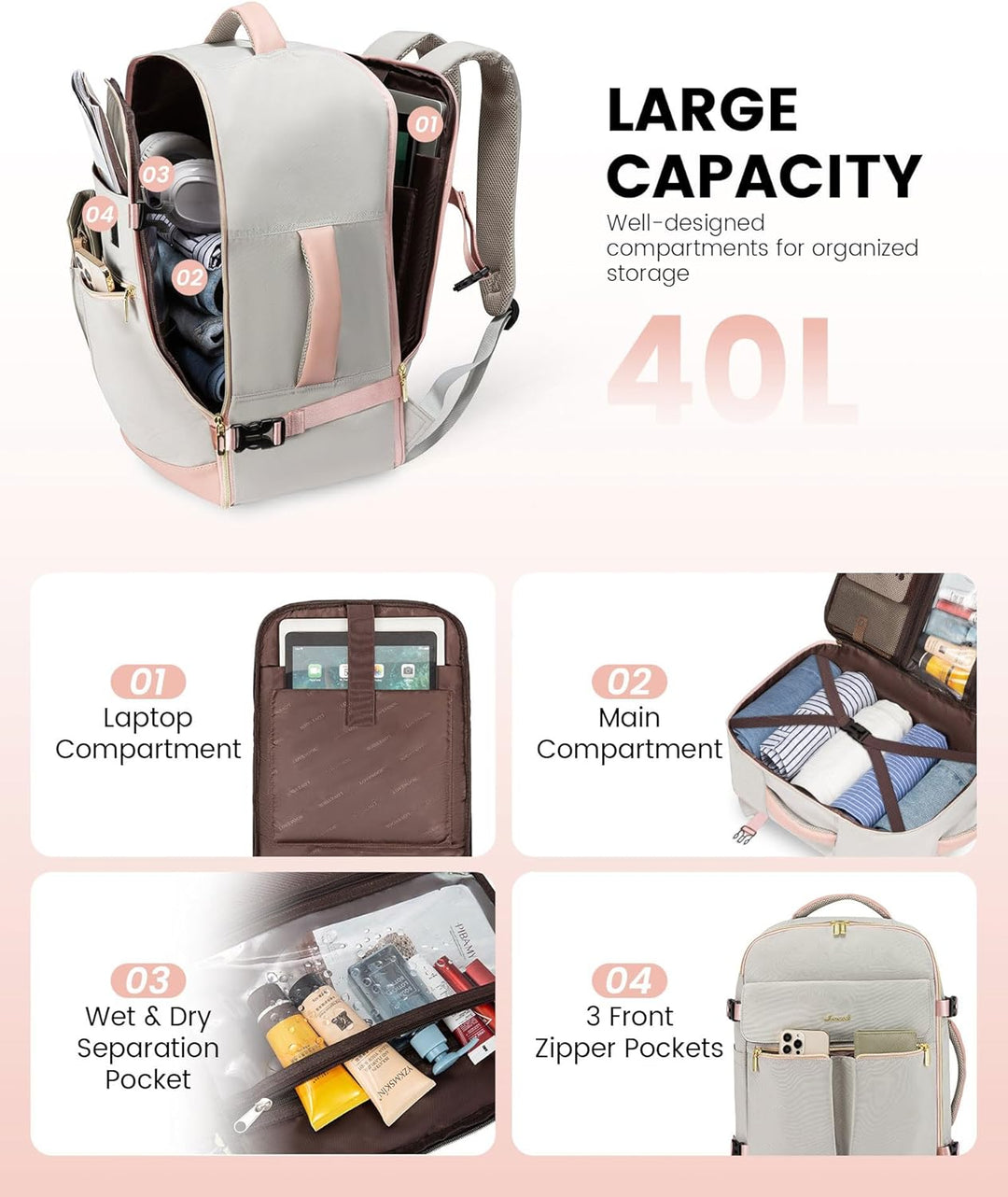 LOVEVOOK: mochila de mano, mochila de viaje de 40L para mujer con 3...