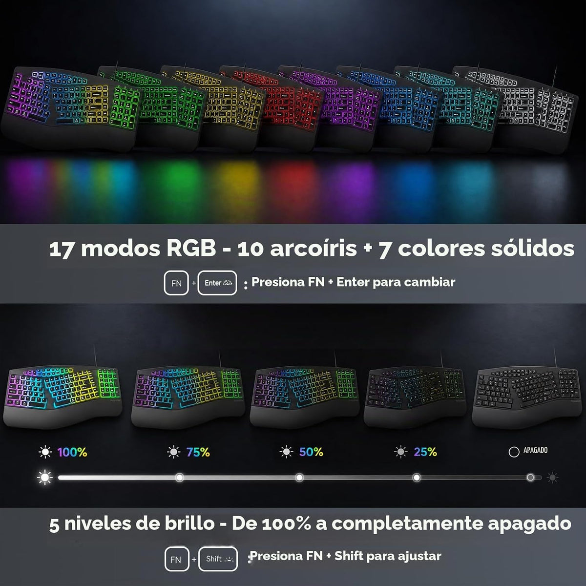 Teclado dividido ergonómico con cable con retroiluminación RGB y