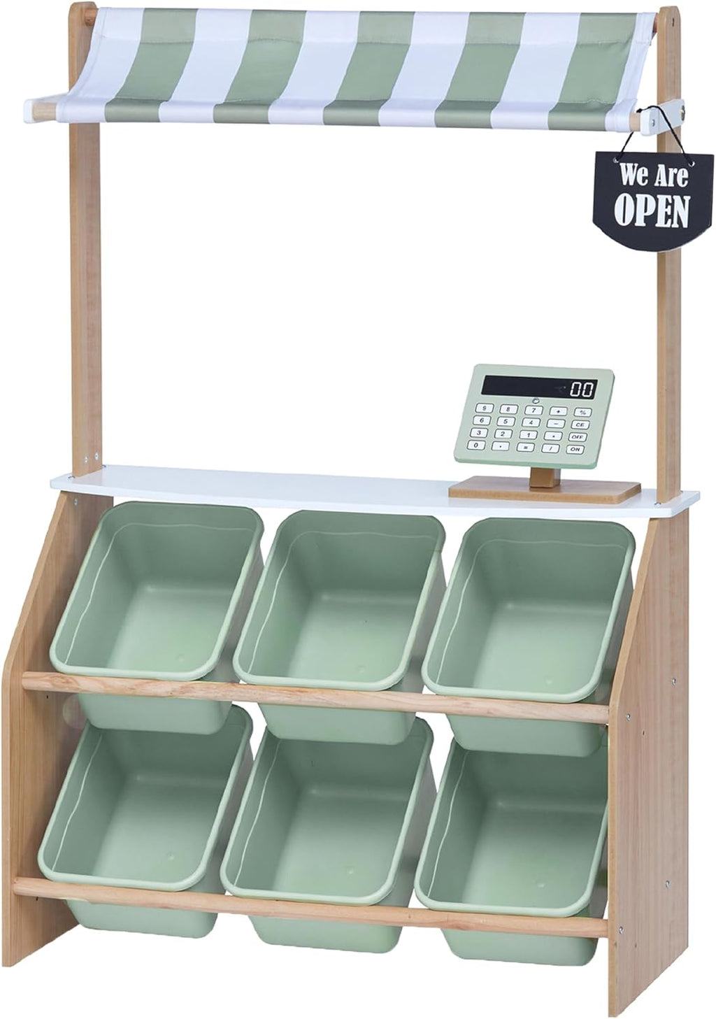 Teamson Kids Little Helper - Puesto de madera del mercado de granjeros con caja registradora de juguete y 6 contenedores de almacenamiento de plástico, verde, TD-13638A-AMZ