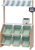 Teamson Kids Little Helper - Puesto de madera del mercado de granjeros con caja registradora de juguete y 6 contenedores de almacenamiento de plástico, verde, TD-13638A-AMZ