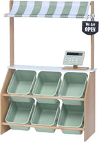 Teamson Kids Little Helper - Puesto de madera del mercado de granjeros con caja registradora de juguete y 6 contenedores de almacenamiento de plástico, verde, TD-13638A-AMZ