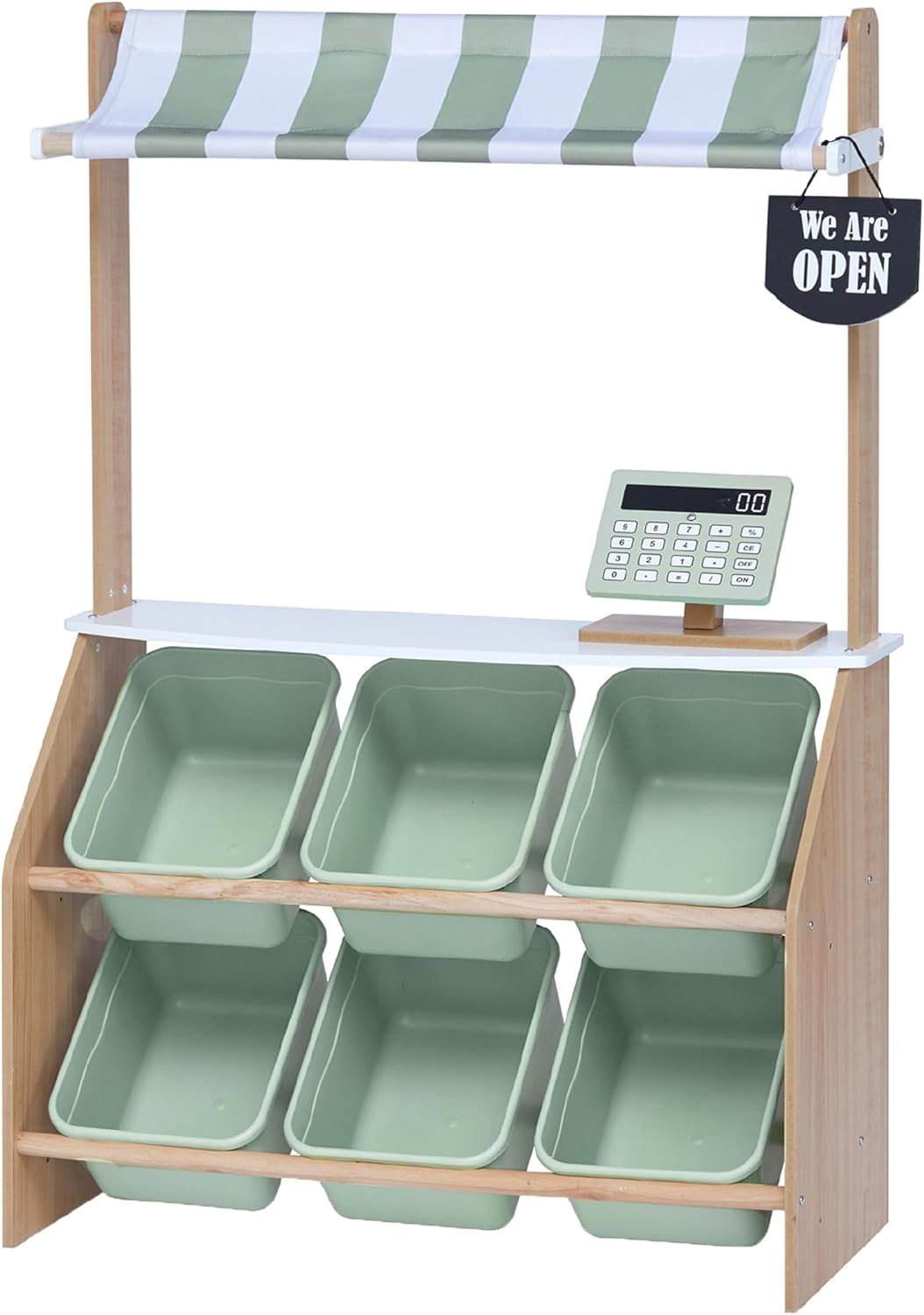 Teamson Kids Little Helper - Puesto de madera del mercado de granjeros con caja registradora de juguete y 6 contenedores de almacenamiento de plástico, verde, TD-13638A-AMZ