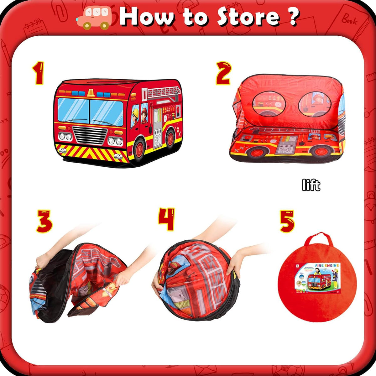 Camión de bomberos Pop Up Tent para niños, juguete interior/ exterior