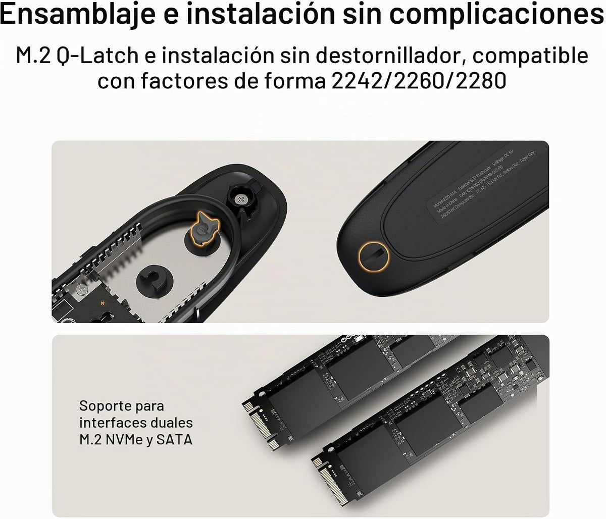 ASUS Cobble M.2 - Carcasa SSD sin herramientas, USB-C 10 Gbps externa NVMe/SATA, refrigeración de aluminio, IP55 resistente al agua y al polvo, compatible con M.2 2230-2280, para PS5, MacBook y Windows, color negro