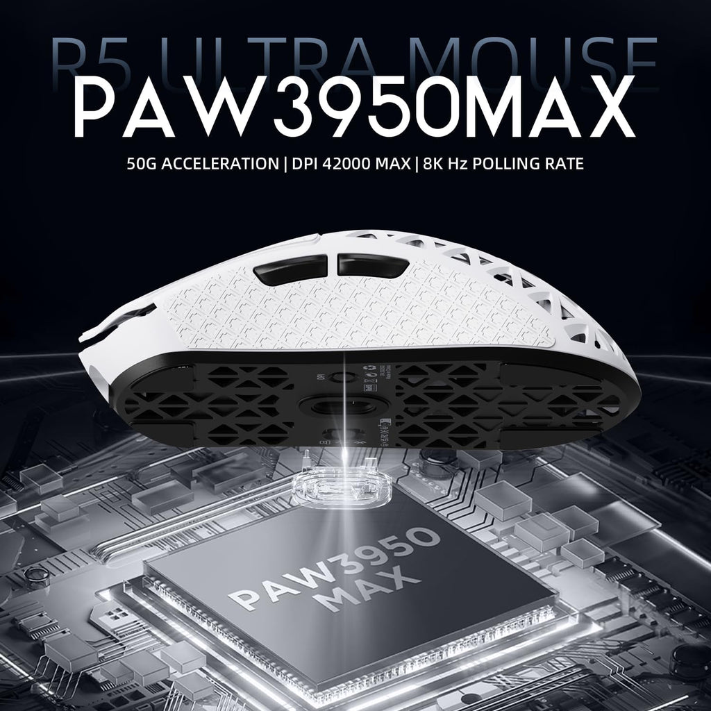 R5Ultra 8K Ratón Inalámbrico de Fibra de Carbono para Juegos con 42,000 DPI - Sensor PAW3950 MAX - Chip MCU Nordic 52840 - 39g Ultraligero - Ratones Programables con Cable/BT/2.4GHz Griptape para PC
