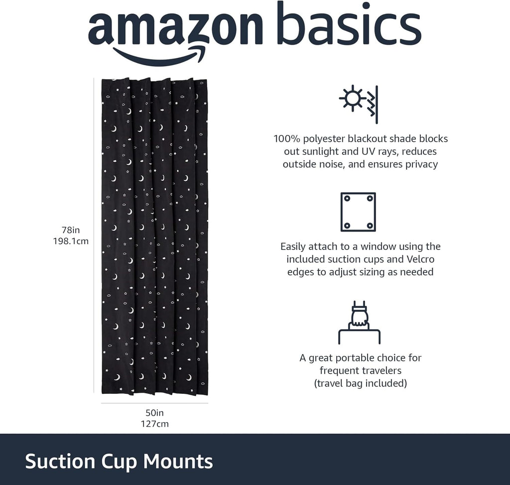 Amazon Basics Cortina opaca portátil para oscurecer la habitación con ventosas, reducción de ruido, 50 pulgadas de ancho x 78 pulgadas de largo, luna y estrellas, 1 paquete