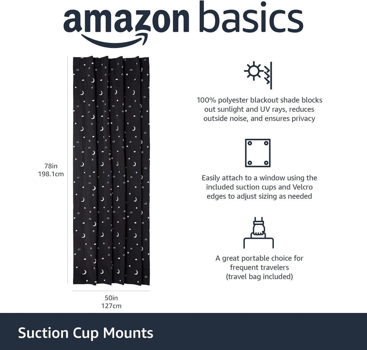 Amazon Basics Cortina opaca portátil para oscurecer la habitación con ventosas, reducción de ruido, 50 pulgadas de ancho x 78 pulgadas de largo, luna y estrellas, 1 paquete