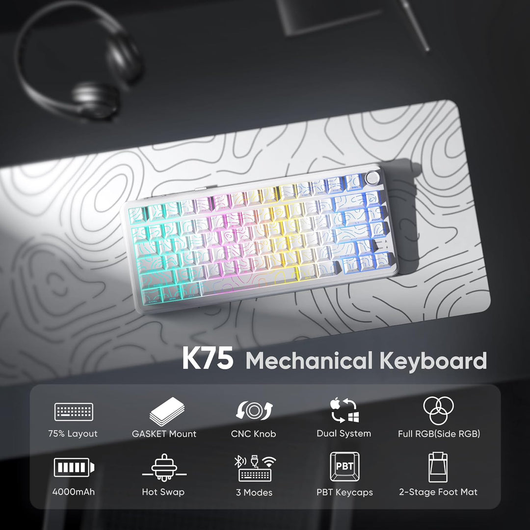 RedThunder Teclado mecánico inalámbrico K75, perilla CNC, Trimodo B...