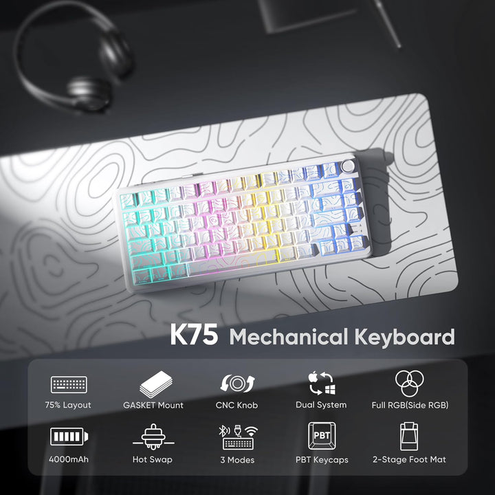 RedThunder Teclado mecánico inalámbrico K75, perilla CNC, Trimodo B...