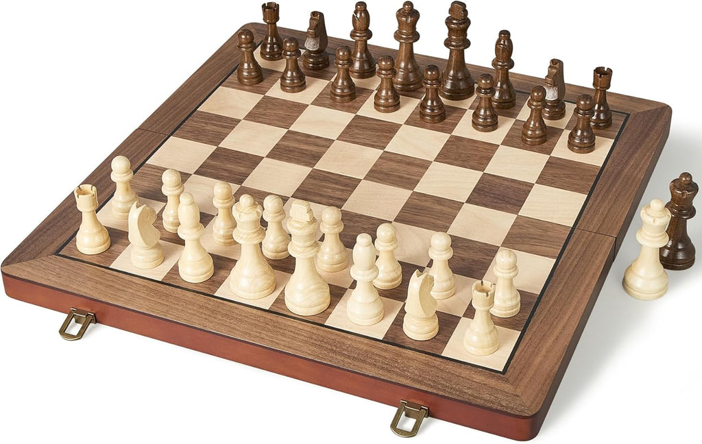 Juego de ajedrez magnético de madera de 17 pulgadas para adultos y niños, juegos de mesa de ajedrez con piezas magnéticas y reinas adicionales, juegos de ajedrez plegables portátiles grandes y únicos