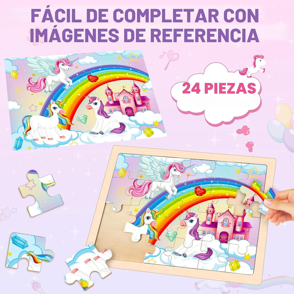 Rompecabezas para niños de 4 a 6 años, 4 paquetes de rompecabezas de madera para niños pequeños de 2 a 4 años, tableros educativos de rompecabezas de princesa, unicornio, sirena y hada para preescolar