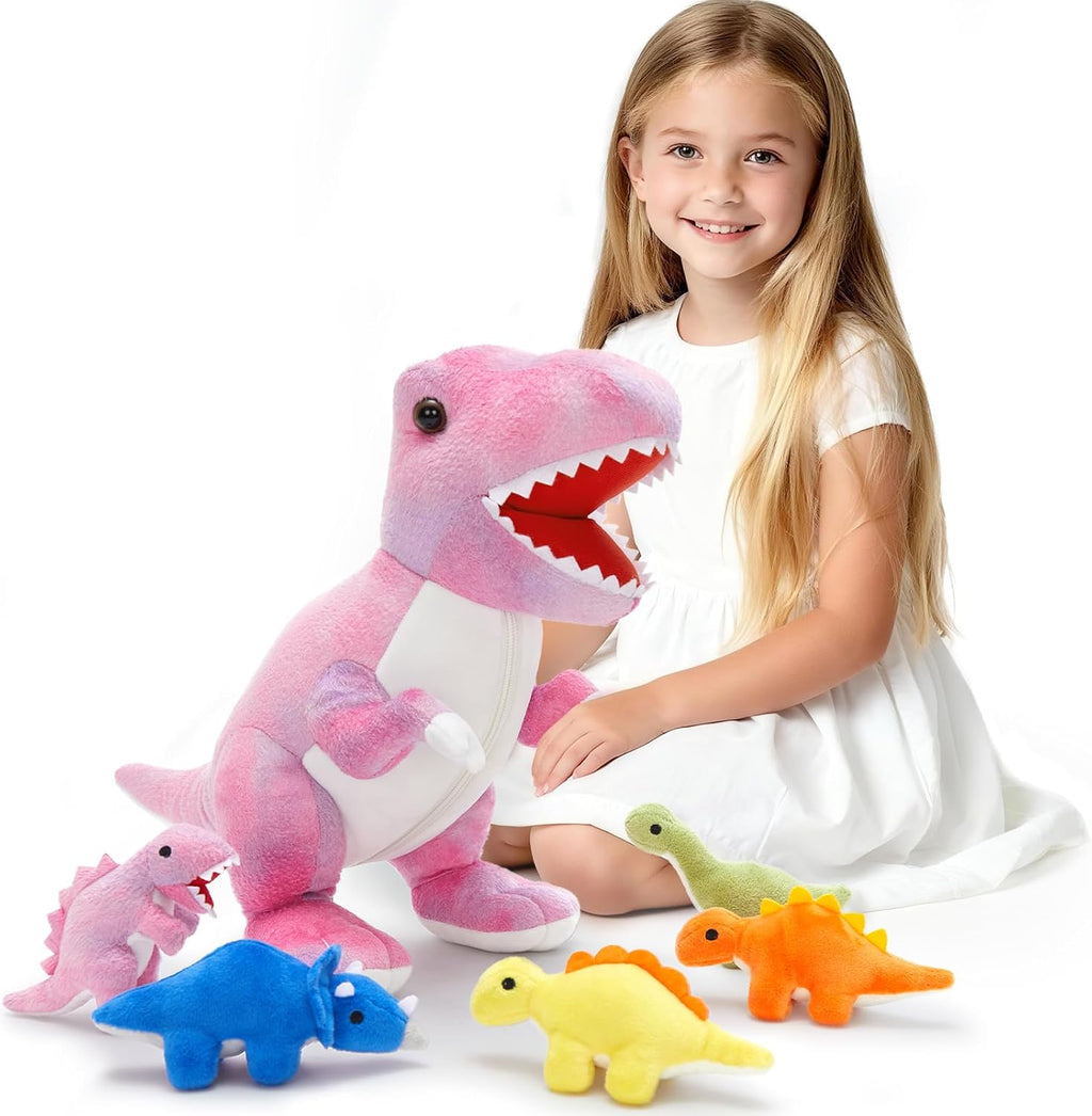 Muiteiur Animales de peluche de dinosaurio rosa, dinosaurio suave de 19.6 pulgadas con 5 lindos bebés T-Rex con cremallera en la barriga, set de regalo de dinosaurio para niños niña y niño