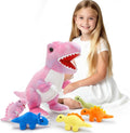 Muiteiur Animales de peluche de dinosaurio rosa, dinosaurio suave de 19.6 pulgadas con 5 lindos bebés T-Rex con cremallera en la barriga, set de regalo de dinosaurio para niños niña y niño