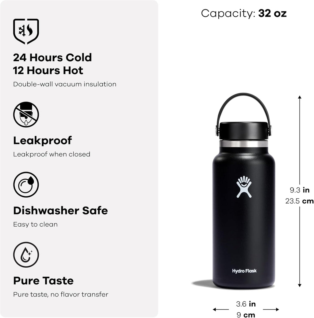 Hydro Flask Botella de Agua - Acero Inoxidable Aislado - Boca Ancha con Tapa Flex, Antiderrame, Hermética y Reutilizable de 32 Oz Negra