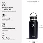 Hydro Flask Botella de Agua - Acero Inoxidable Aislado - Boca Ancha con Tapa Flex, Antiderrame, Hermética y Reutilizable de 32 Oz Negra