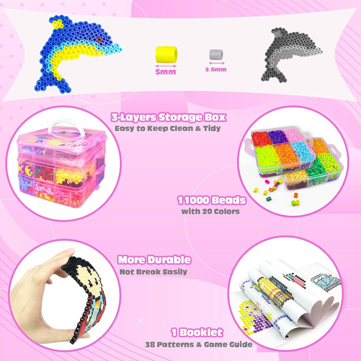 Kit de cuentas de fusible para niños, 11000 cuentas fusibles, 20 colores de 0.197 in, juego de manualidades con caja de almacenamiento, tableros de clavijas, papel de planchar y accesorios, juego de artes y manualidades, juguetes regalos para niñas y