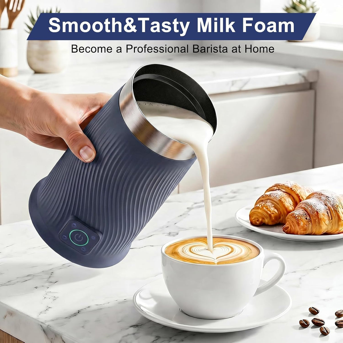 Wowteam Espumador de leche, vaporizador de leche eléctrico 4 en 1, calentador de leche caliente y fría y máquina de espuma para café, café con leche, capuchinos, macchiato, 8.2 oz/8.1 fl oz, acero