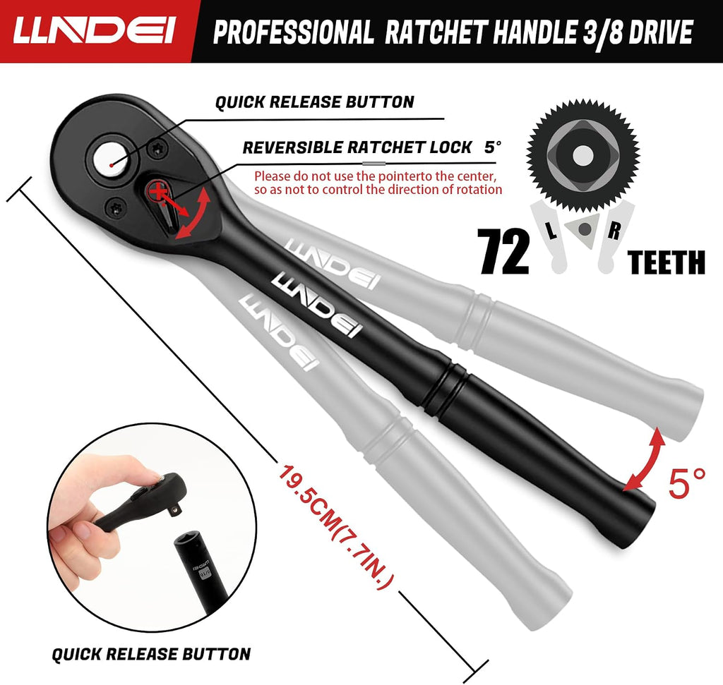 Juego de llaves de impacto de 3/8", SAE estándar (5/16 a 3/4-pulgada) Tamaño métrico (8-22mm), 95 piezas, kit profundo y poco profundo de acero CR-V, adaptadores, mango de trinquete, juego de