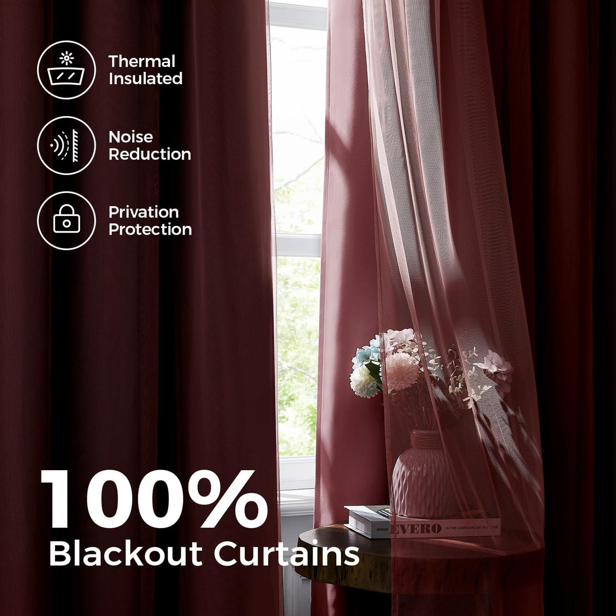 Cortinas 100% opacas para dormitorio, doble capa rosa