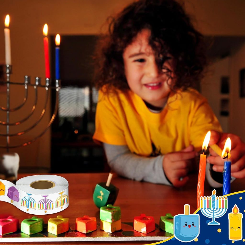 1000 calcomanías de Hanukkah para niños, calcomanías de Hanukkah para niños, calcomanías redondas autoadhesivas para decoraciones temáticas de Hanukkah, suministros de bolsas de regalo, 9