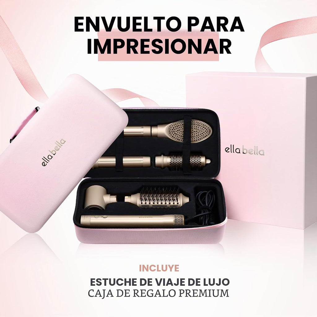 ELLA BELLA® Estilizador profesional de aire caliente 6 en 1 • Potente juego de secador de pelo y alisador • Estilo sin daños por calor • Secado rápido rizador voluminizador alisado • Incluye funda