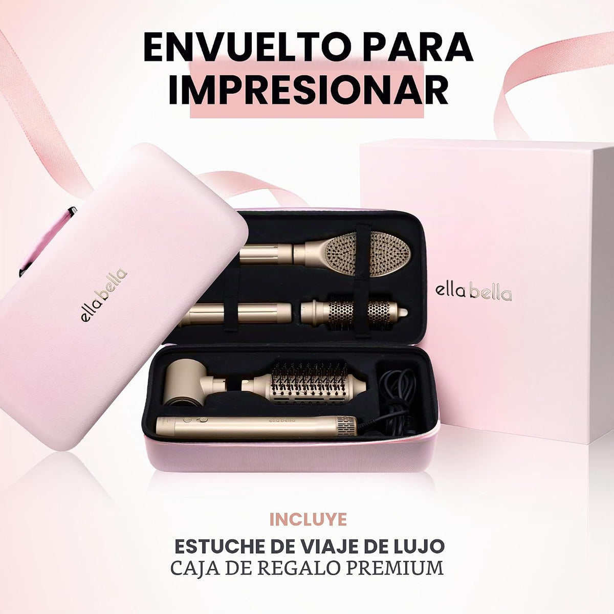 ELLA BELLA® Estilizador profesional de aire caliente 6 en 1 • Potente juego de secador de pelo y alisador • Estilo sin daños por calor • Secado rápido rizador voluminizador alisado • Incluye funda