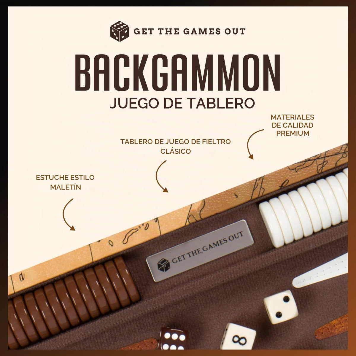 Get The Games Out Juego de Backgammon, Estuche de Juego de Mesa Clásico, 2 Jugadores, Incluye Guía de Estrategia y Consejos, Perfecto para Fiestas y Noches de Juego Familiares - Grande, Mapa