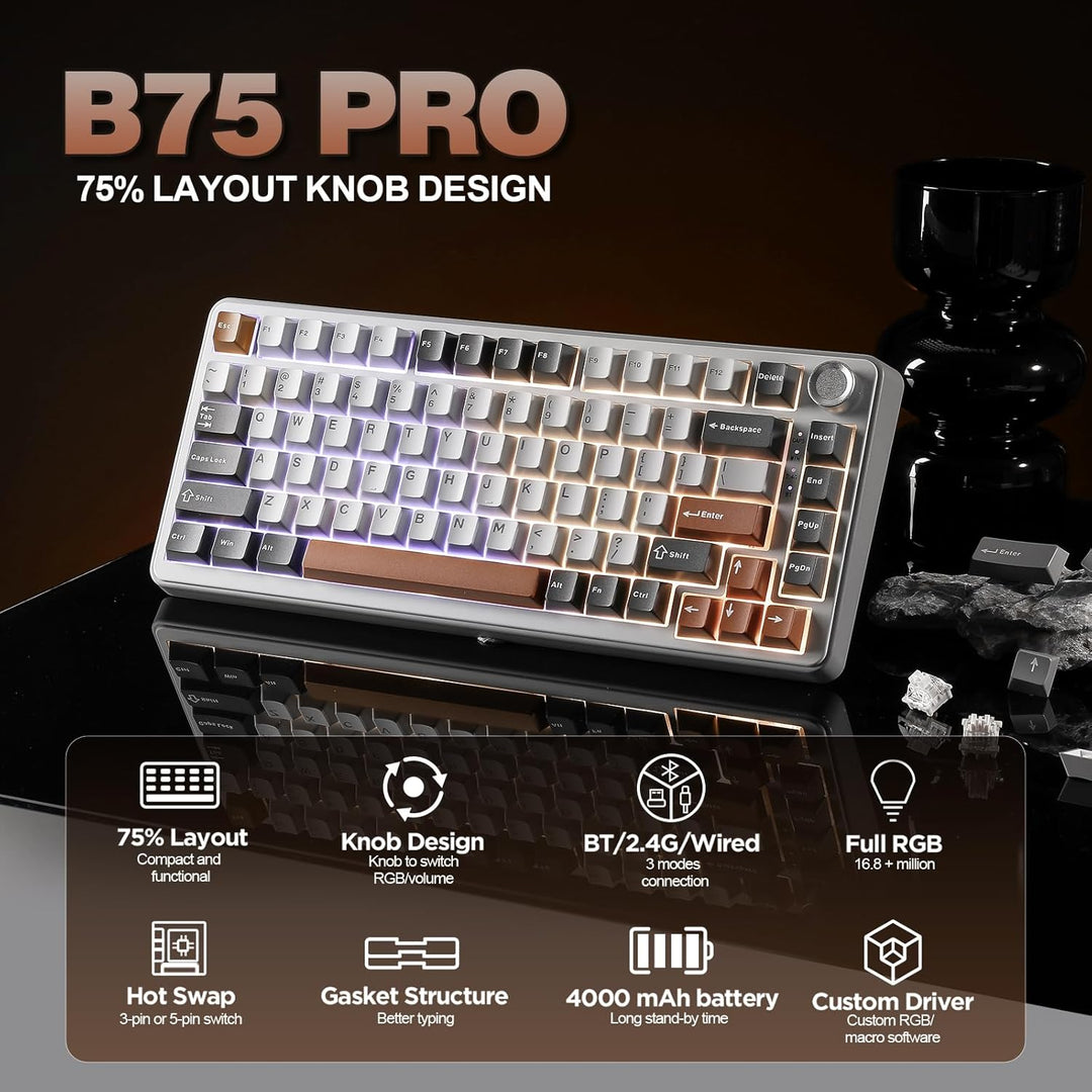 YUNZII Teclado Mecánico Inalámbrico B75 PRO, Diseño 75% con Perilla...