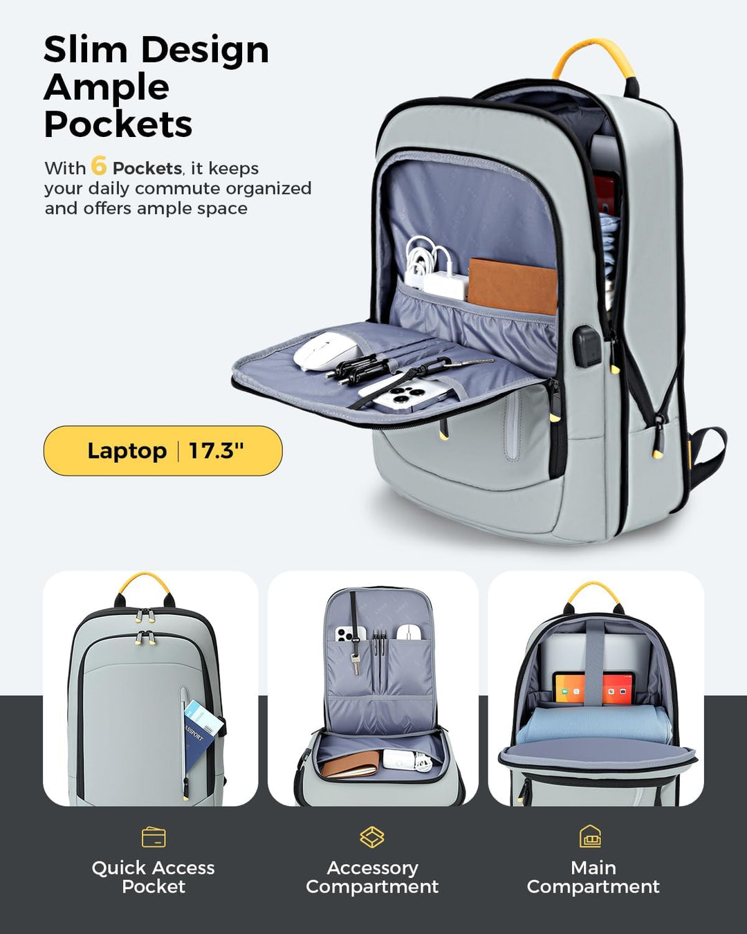 Lekespring Mochila delgada para laptop para hombre, Gris, 17,3 pulg.