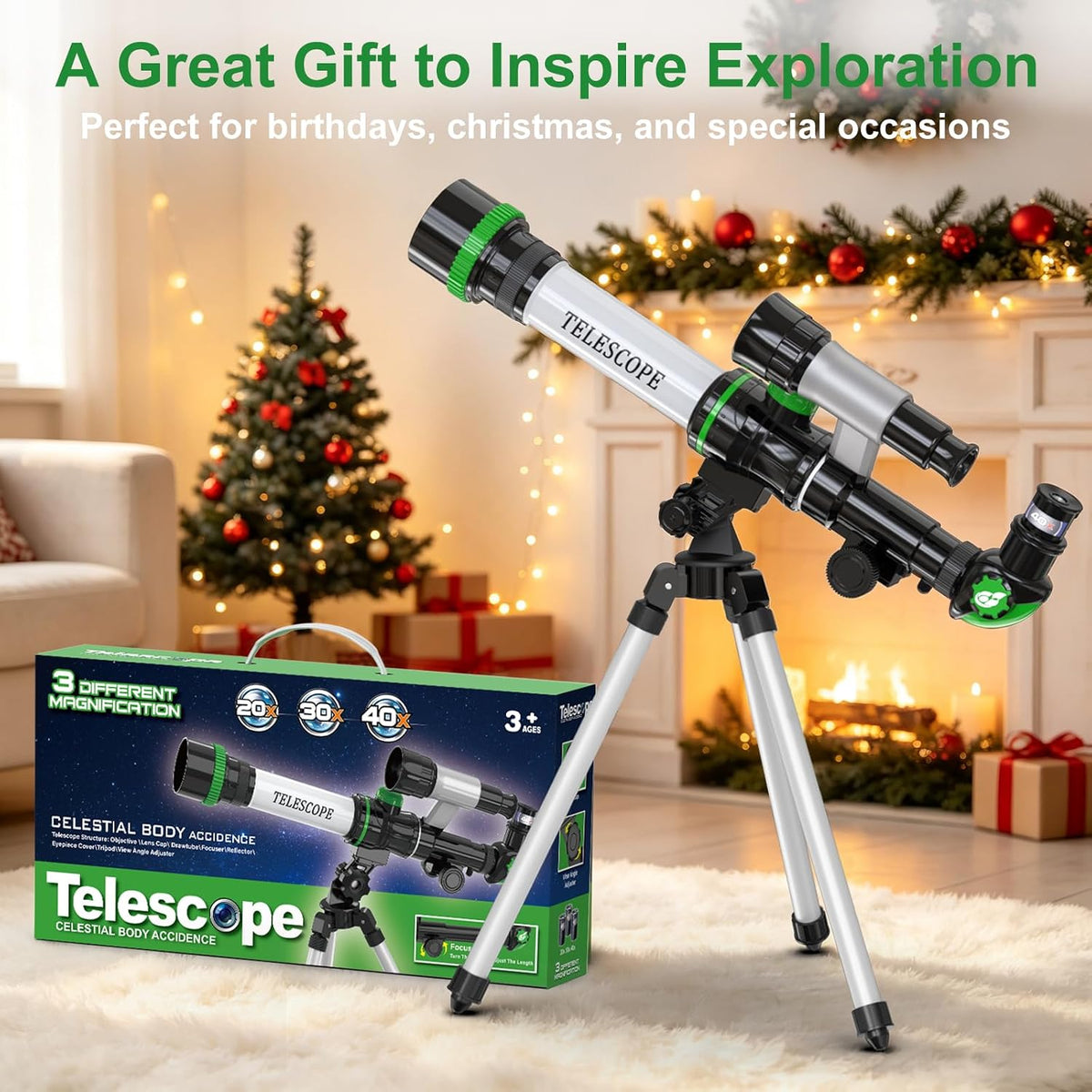 Telescopio para niños, juguetes espaciales para niños, incluye brújula y 3 oculares, gran telescopio portátil como regalo de astronomía, kit educativo STEM para niños y niñas para ver la luna