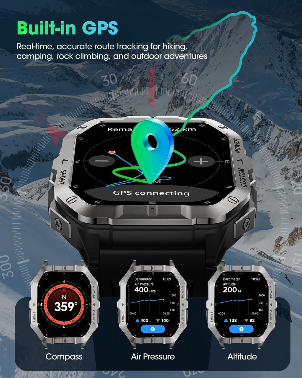 Reloj inteligente militar GPS integrado, llamadas Bluetooth, para iPhone y